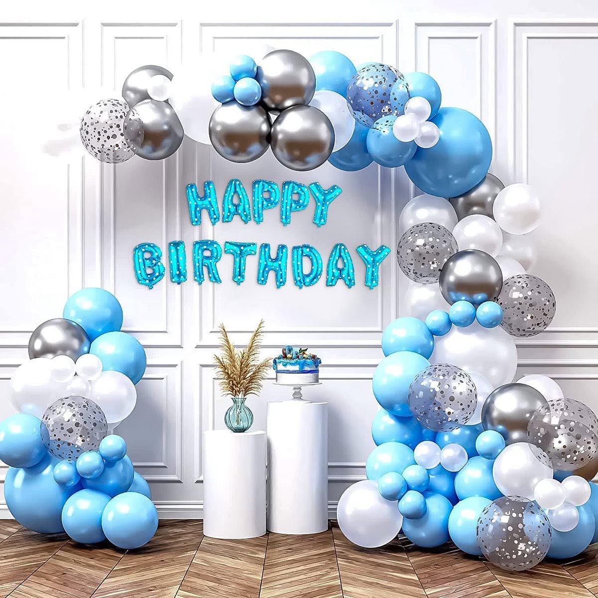 Silver metallic & confetti birthday balloons
