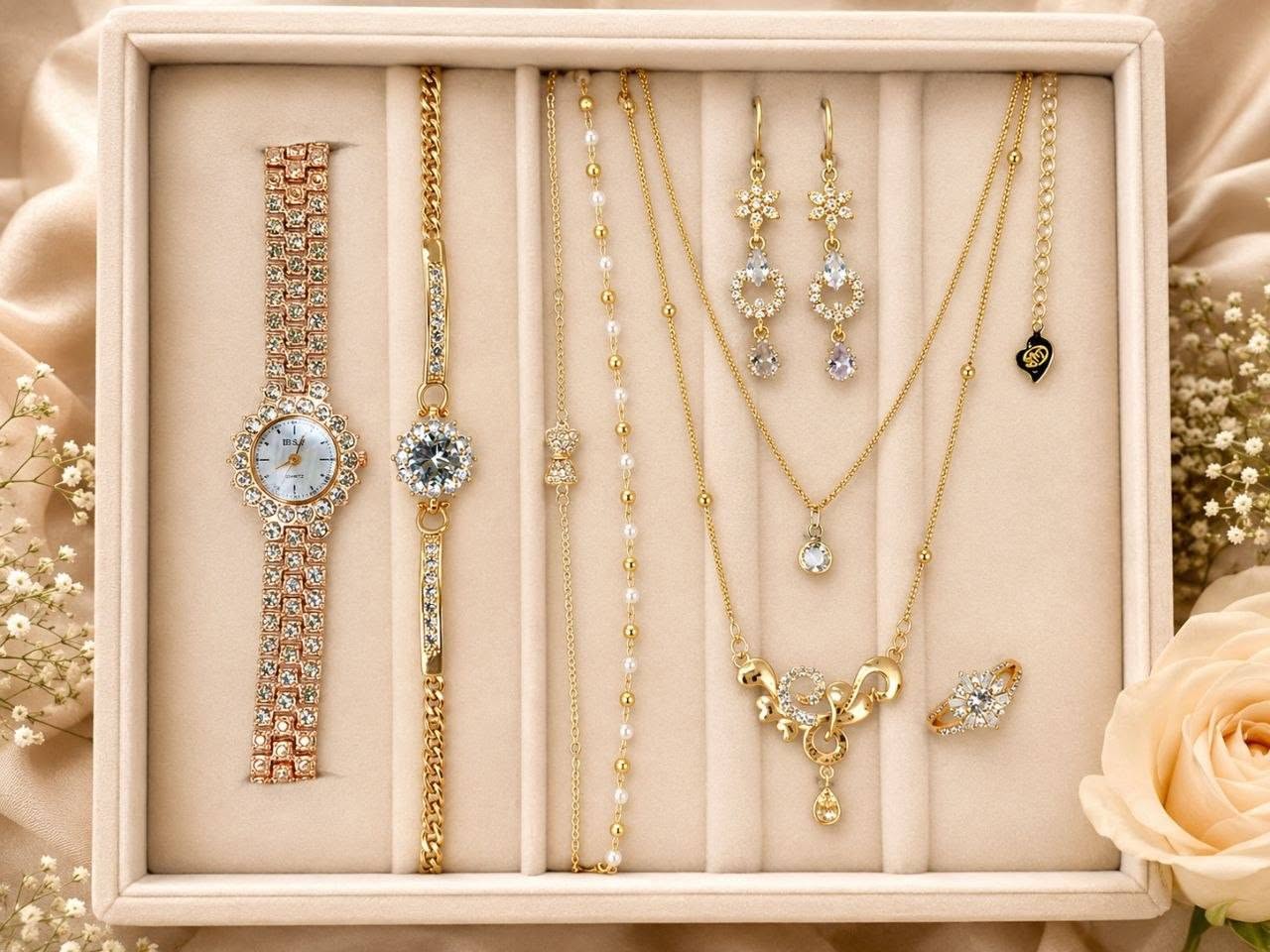 Luxury Women's Golden Watch & Jewelary Combo Gift Set