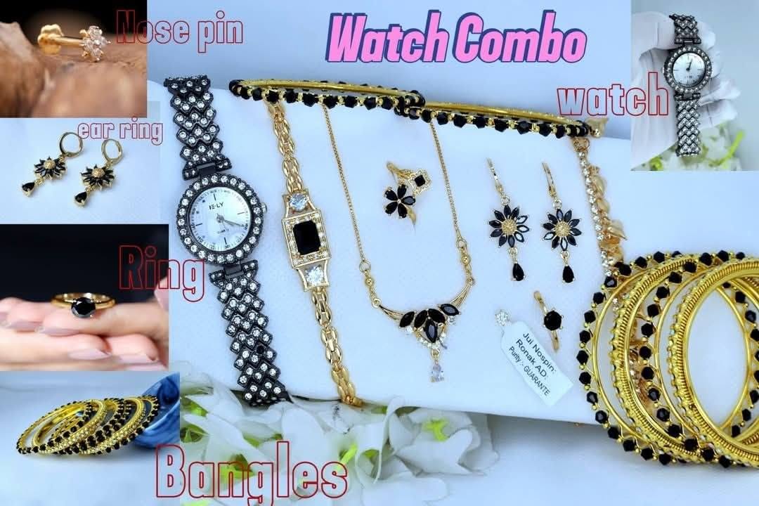 Royal Black & Golden Crystal Watch with Complete Jewelry Combo Gift Box