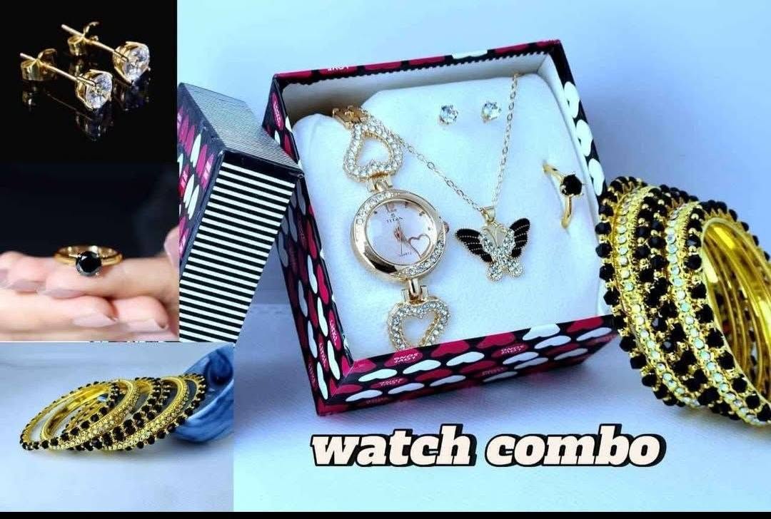 Trendy Golden Watch & Black Butterfly Motif Jewelry Combo Gift Set
