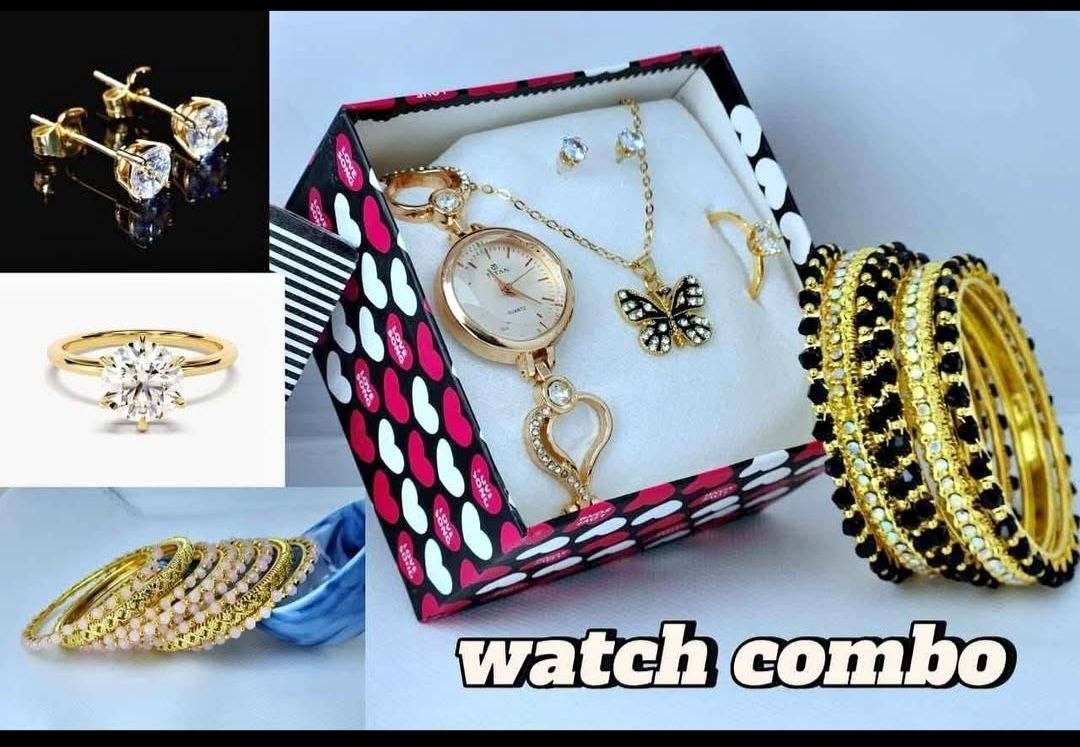 Gorgeous Golden Watch & Black Butterfly Motif Jewelry Combo Gift Set