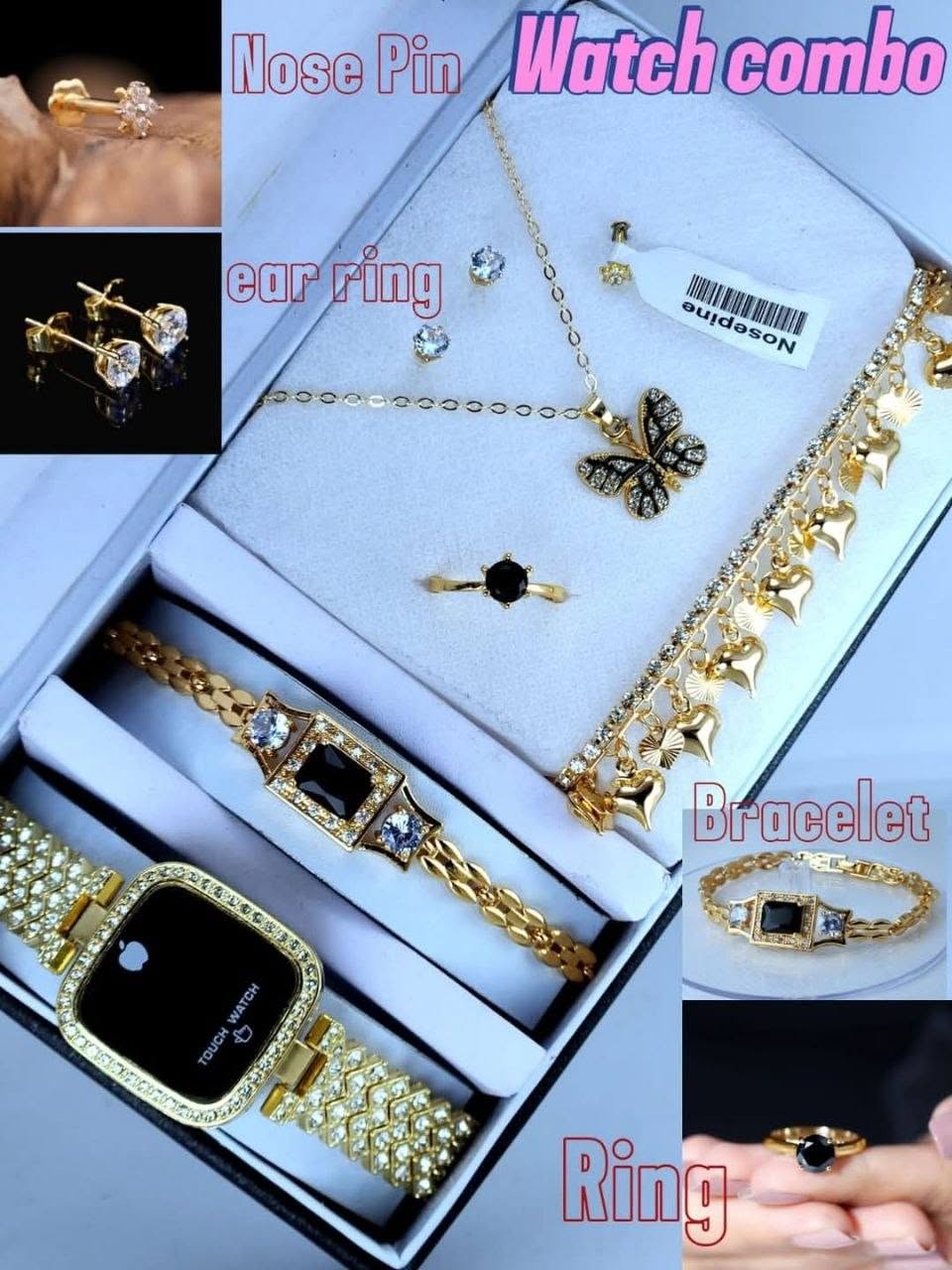 Modern Golden Touch Watch & Black Butterfly Motif Jewelry Combo Set