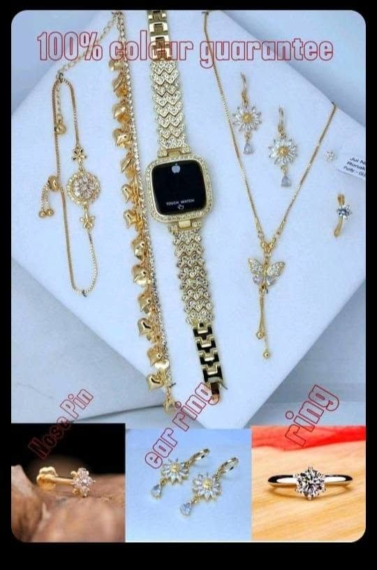 Gorgeous Golden Smart-Style Watch & Butterfly Motif Jewelry Combo Set