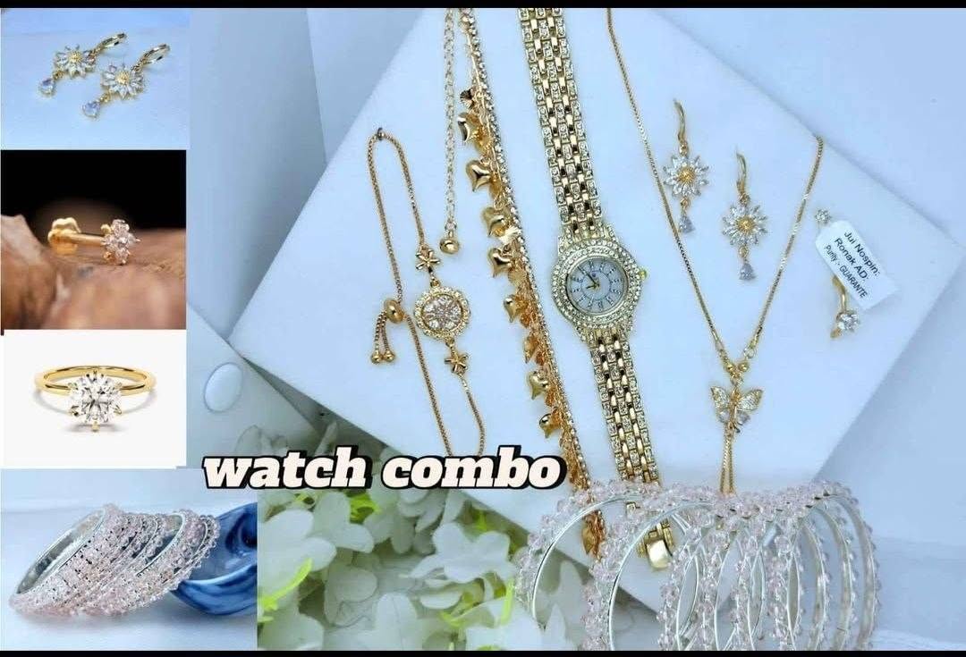 Royal Golden Watch & Butterfly Motif Jewelry Combo Set with Silver Bangles