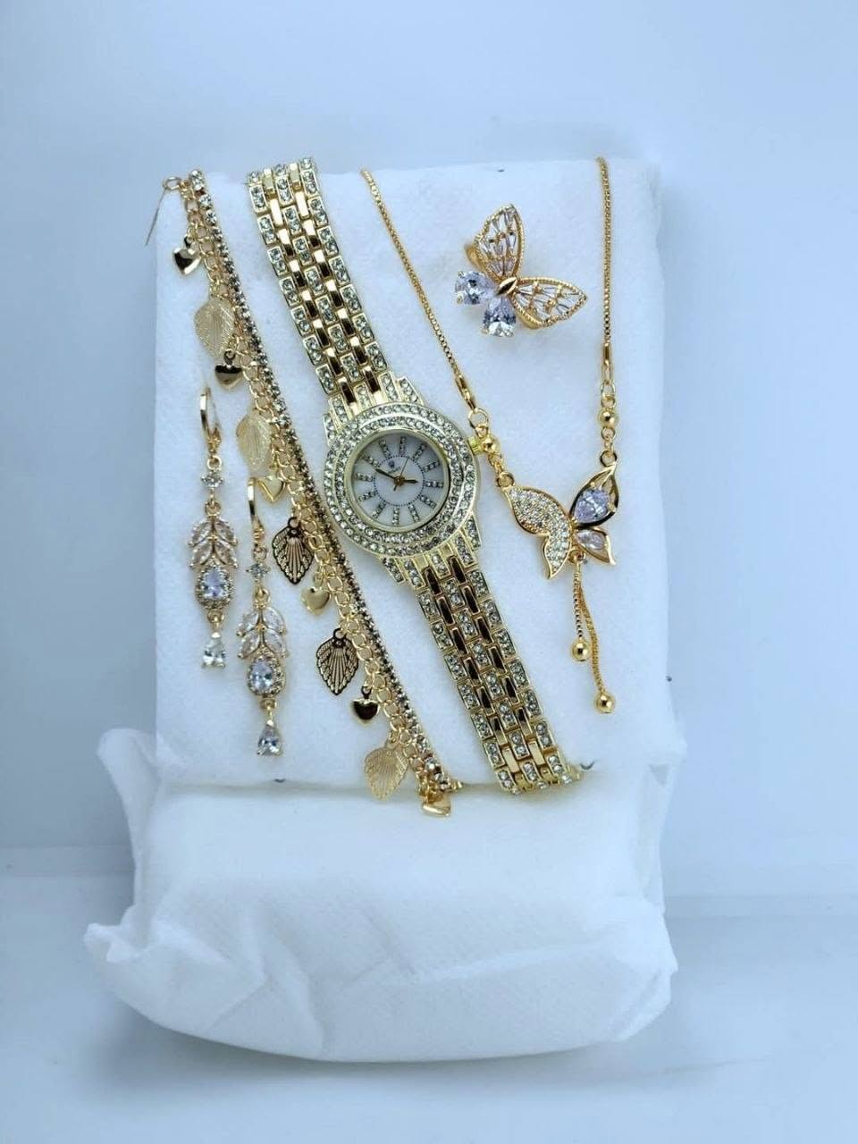 Exclusive Golden Butterfly & Hanging Charms Watch & Jewelry Combo Gift Set