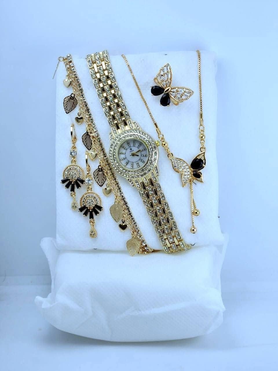 Luxury Golden Watch & Black Butterfly Motif Jewelry Combo Gift Set
