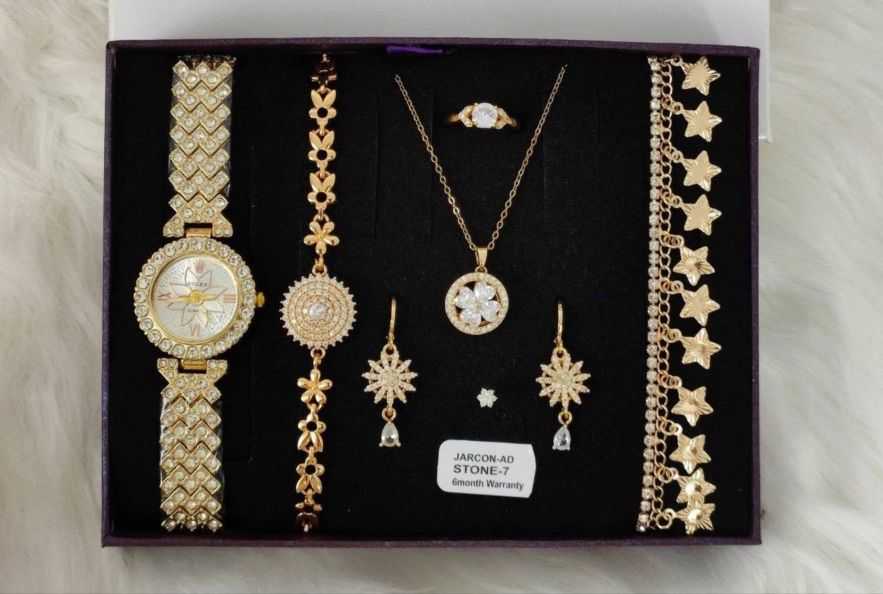 Premium Jarcon AD Stone Golden Watch & Floral Motif Jewelry Combo Set