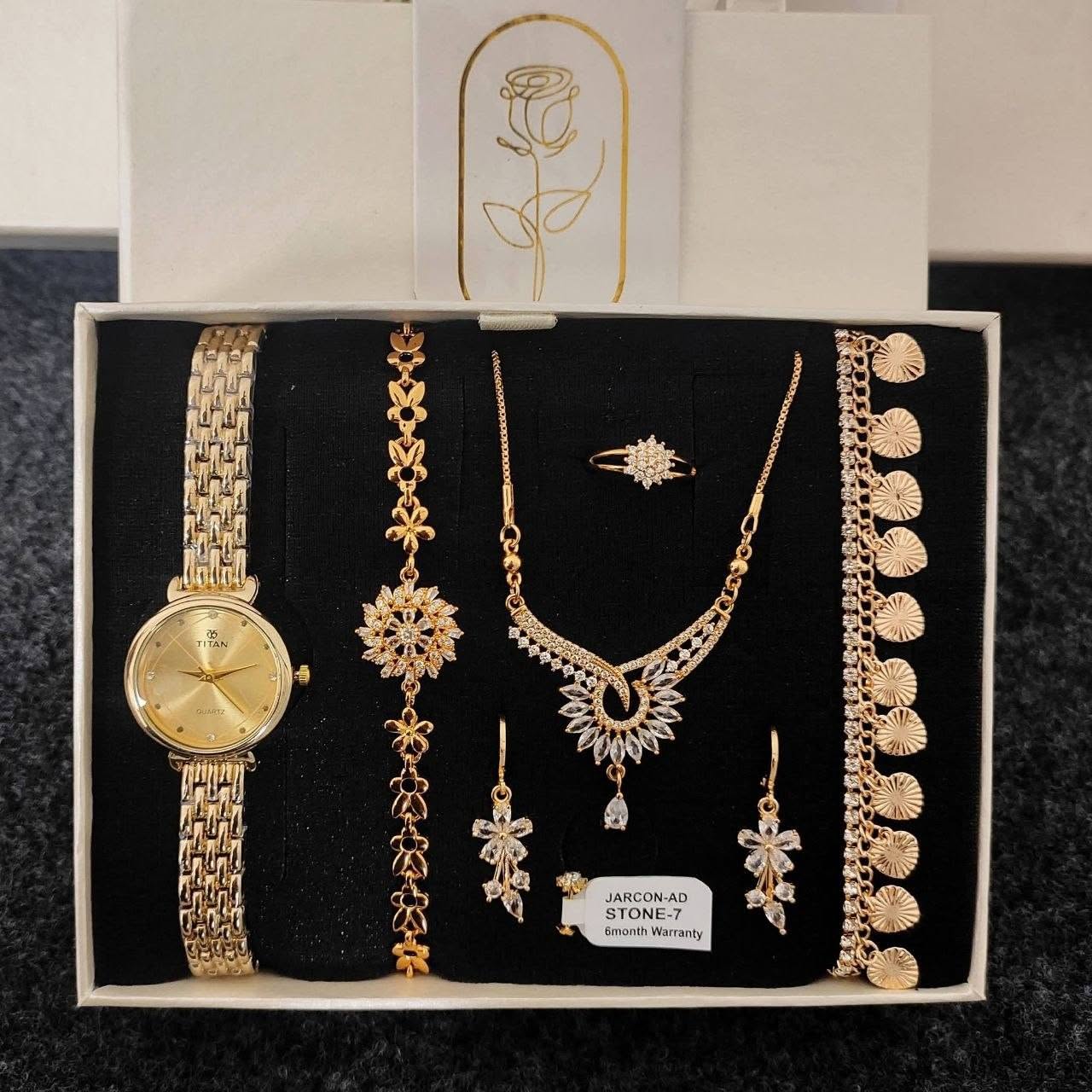 Luxury Golden Jarcon AD Stone Peacock Motif Watch & Jewelry Combo Gift Set