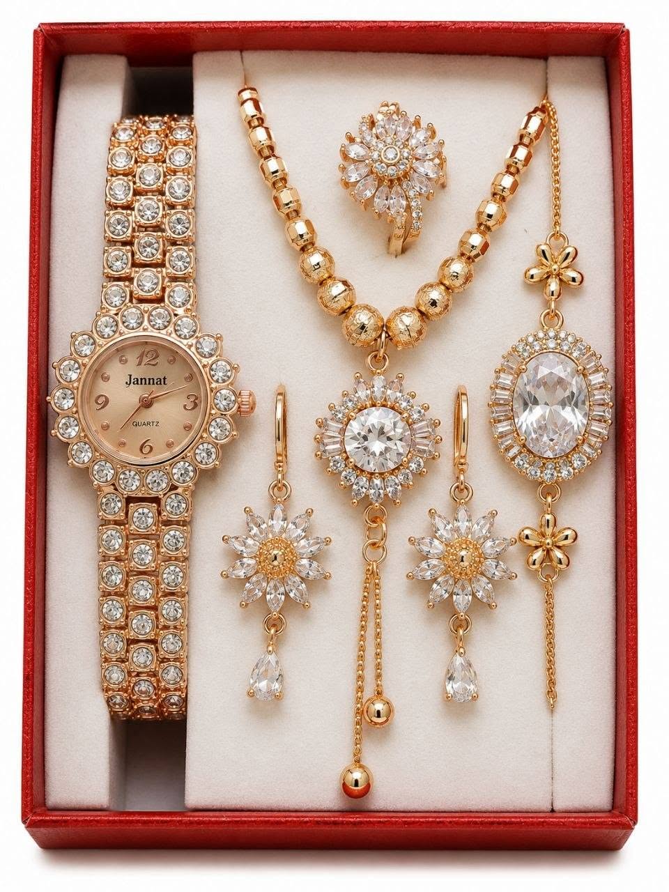 Luxury Golden Jarcon AD Stone Floral Motif Watch & Jewelry Combo Gift Set