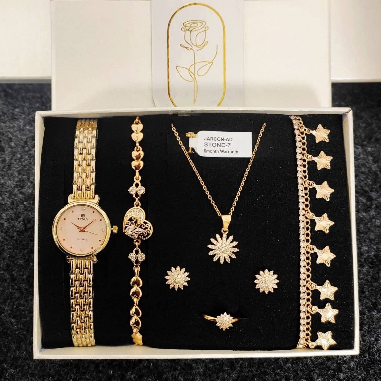 Exclusive Golden Jarcon AD Stone Sunflower & Star Charms Watch Combo Set
