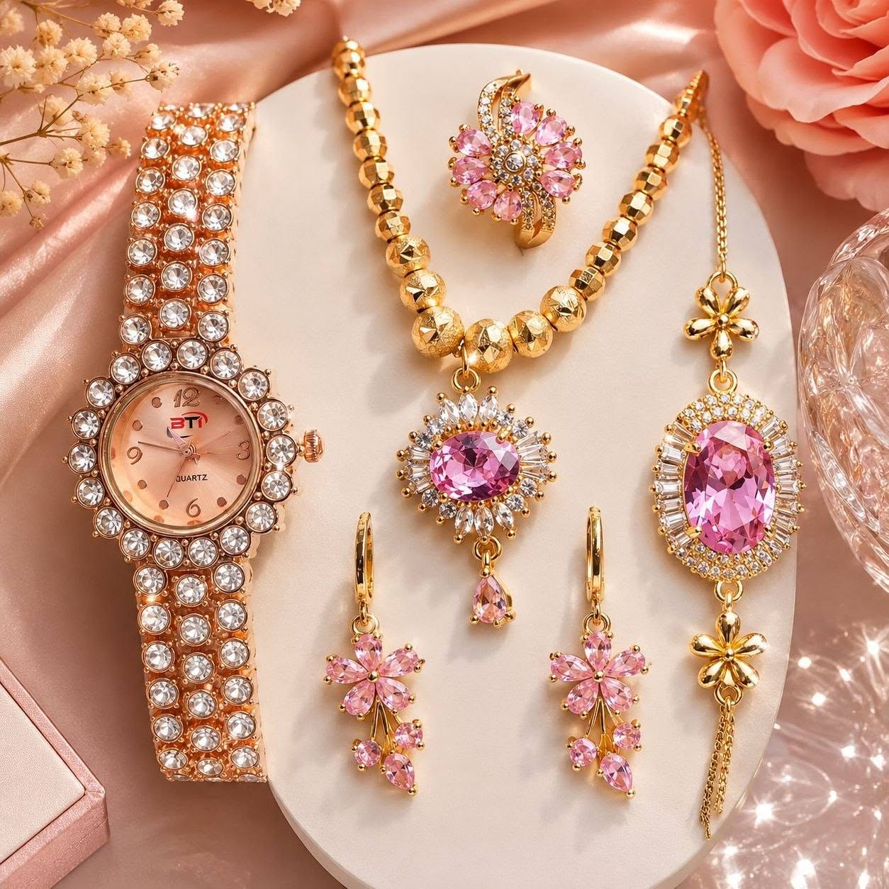 Exclusive Golden Pink AD Stone Jewelry & All-Stone Watch Combo Set