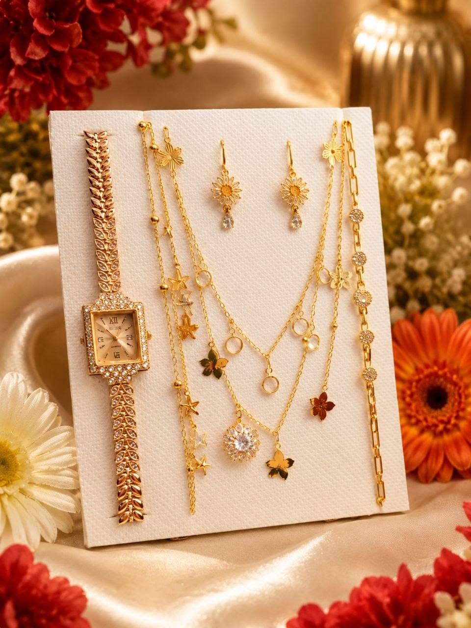 Luxury Golden Square Dial Watch & Multi-Charms Jewelry Combo Gift Set