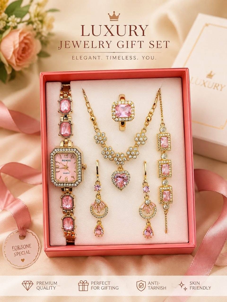 Luxury Golden Pink AD Stone Square Watch & Jewelry Combo Gift Set
