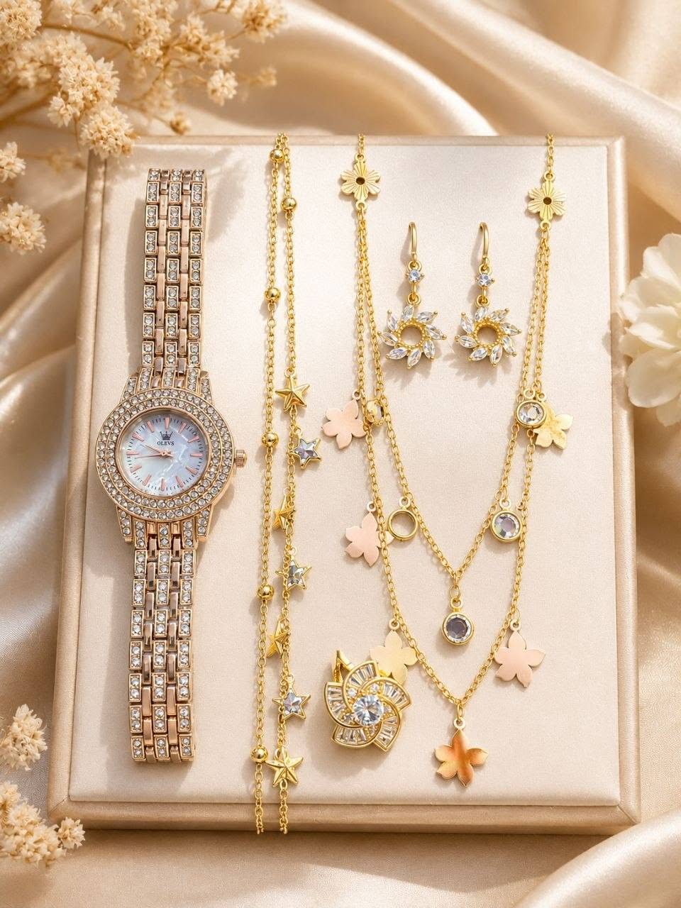 Luxury Golden Jarcon AD Stone Butterfly & Star Charms Watch Combo Gift Set