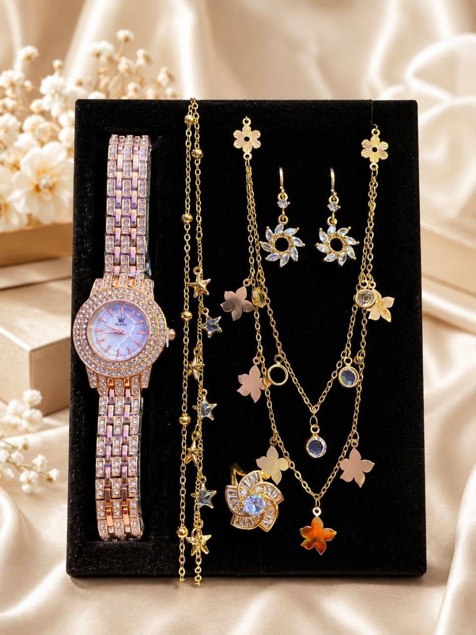 Luxury Golden Butterfly & Floral Charms AD Stone Watch Combo Gift Set