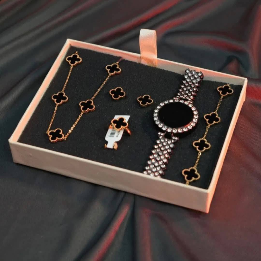 Luxury Golden Black Four-Leaf Clover Motif Watch & Jewelry Combo Gift Set
