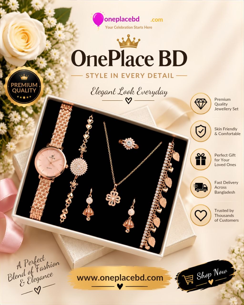 Luxury Rose Gold Jewellery & Watch Set – Premium Gift Box