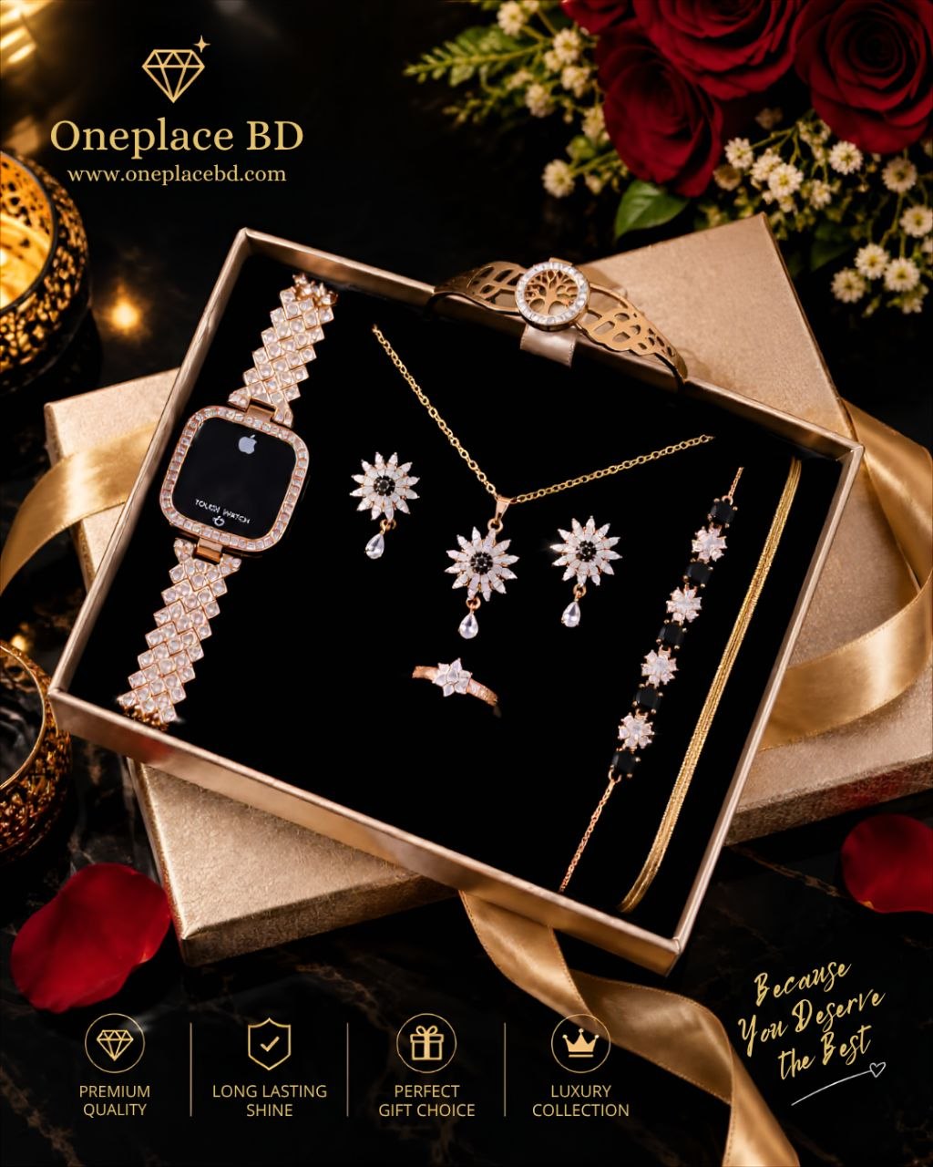 Digital Watch & Royal Black Crystal Combo Box