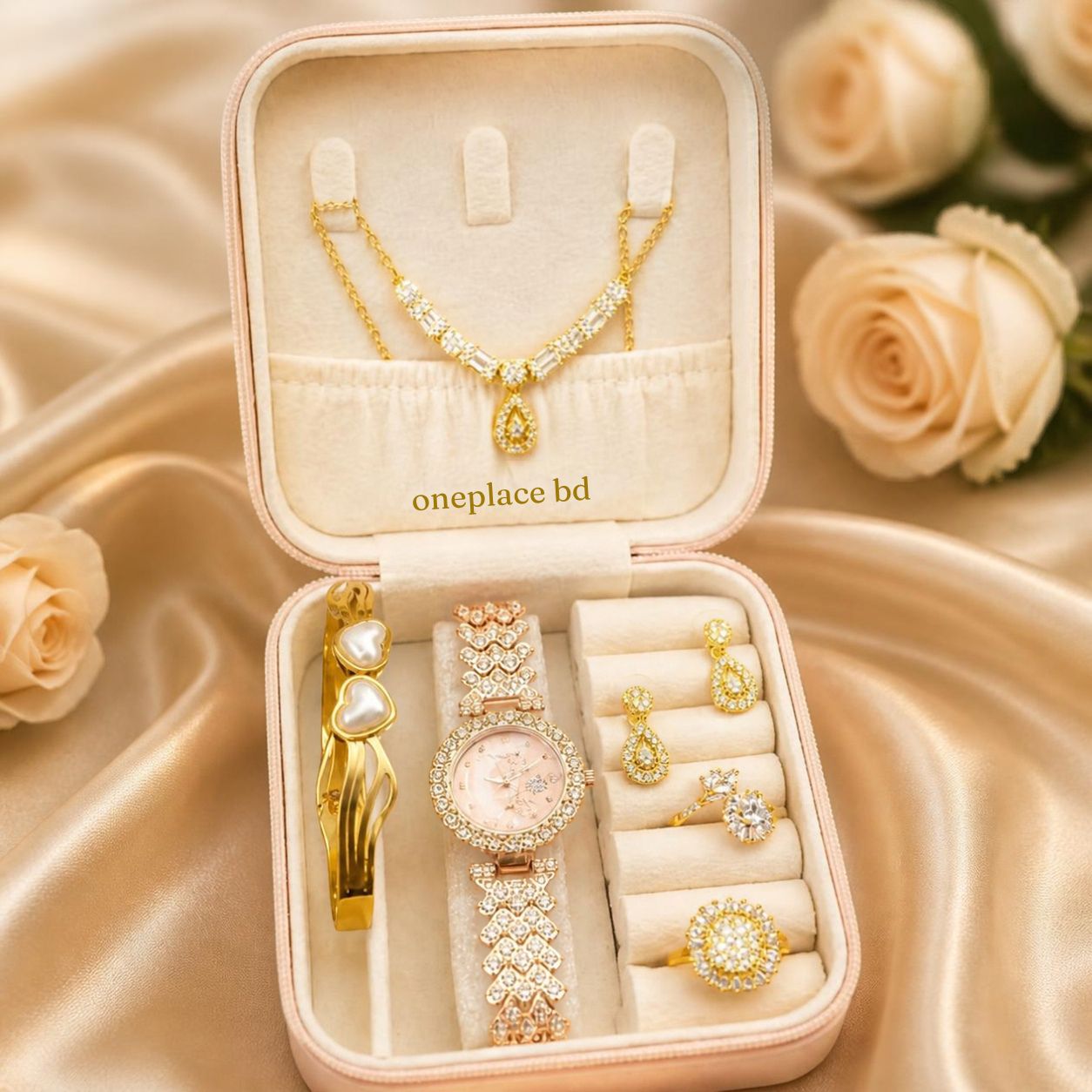 Luxury Pink Floral Diamond Jewelry Gift Set (6-in-1)